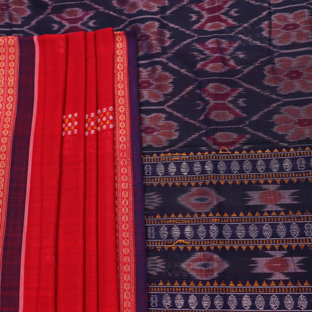 Red Bomkai cotton saree with purple butta pattern, displayed full length.
