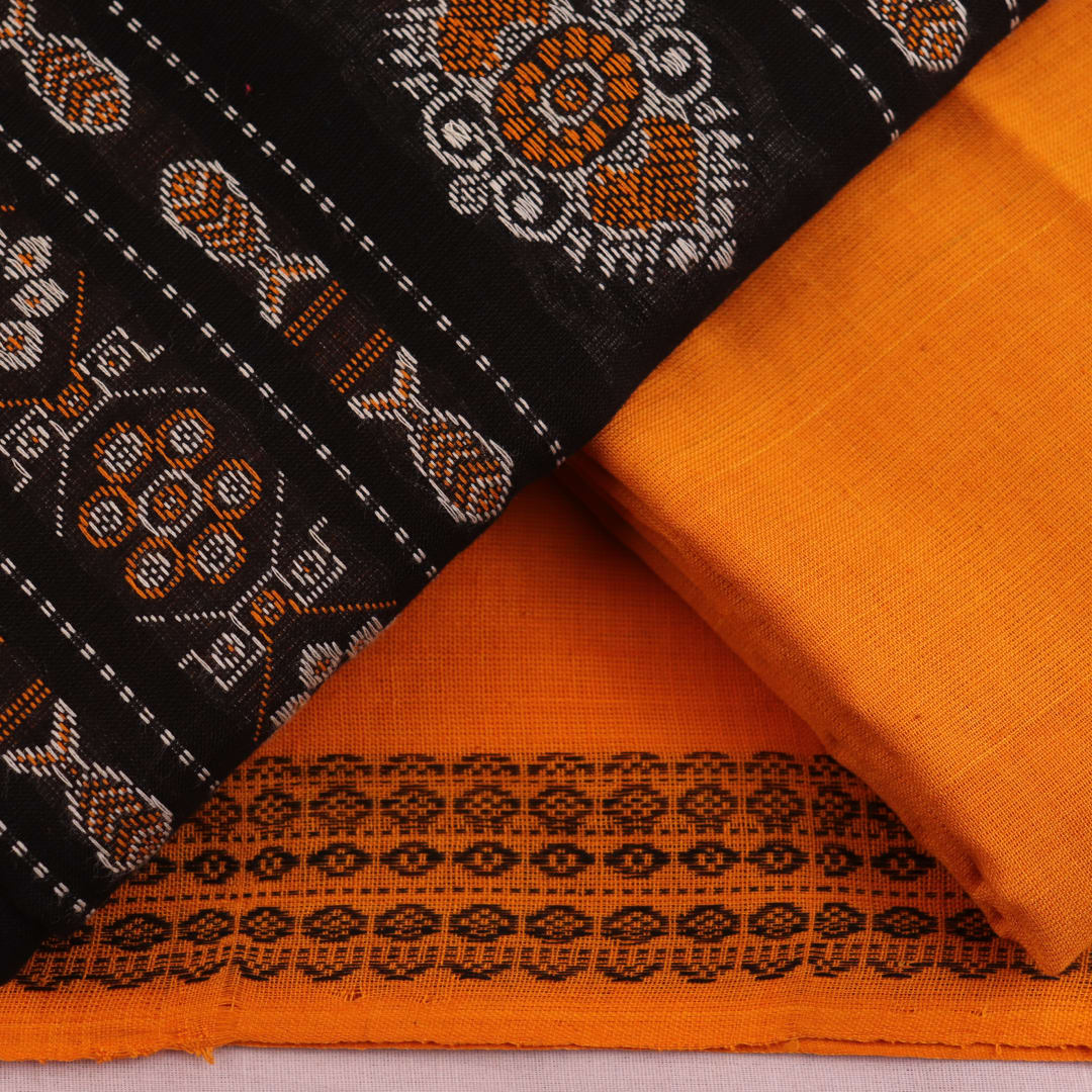 Coordinating blouse piece of the Bomkai Cotton Dress Material, featuring complementary design in black and yellow.