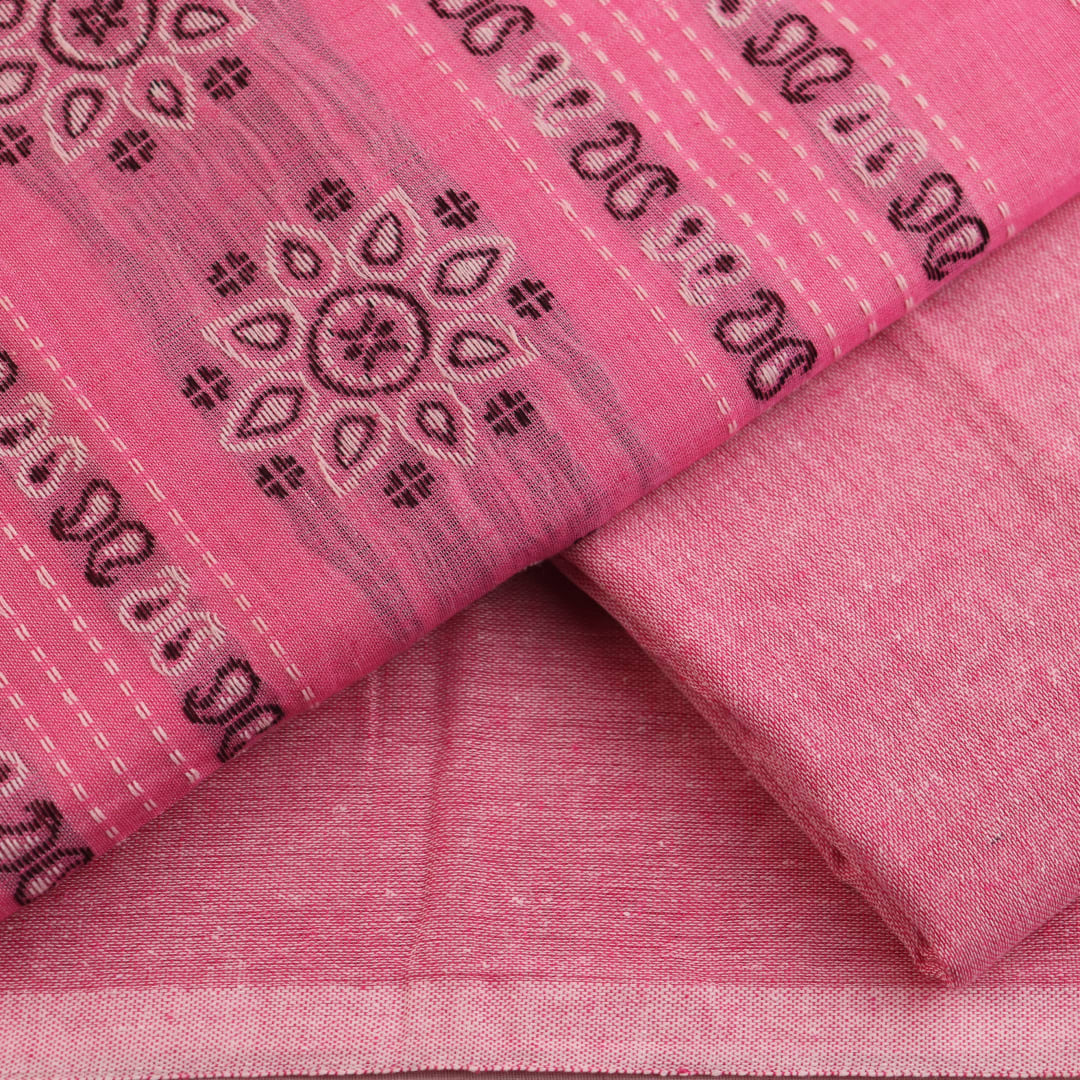 Handloom Bomkai cotton dress material blouse piece in peach and green with coordinating weave.