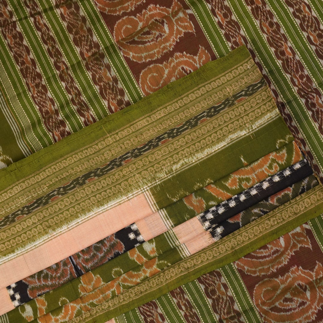 Model draped in a green Pasapalli Sambalpuri cotton saree, showcasing traditional Odisha handloom style.