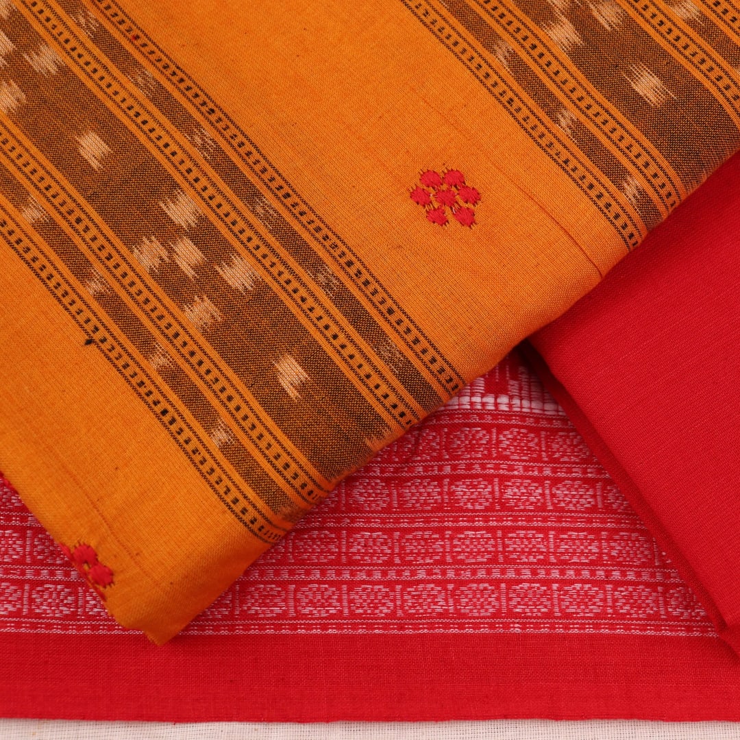 Yellow and red cotton Sambalpuri dress material with embroidered motifs on body