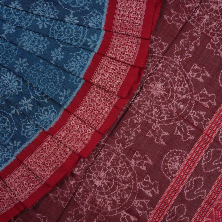 Full flat layout of the blue and maroon Sambalpuri cotton saree displaying the complete motifs and border pattern.