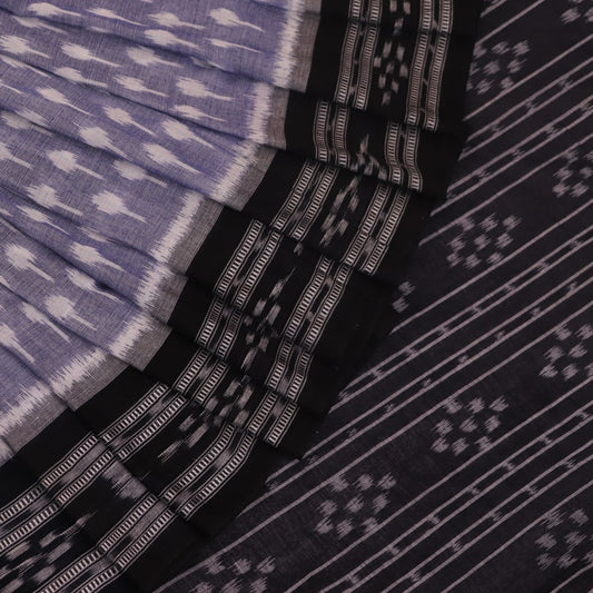 Elegantly styled and draped grey and black Sambalpuri cotton saree with motifs.