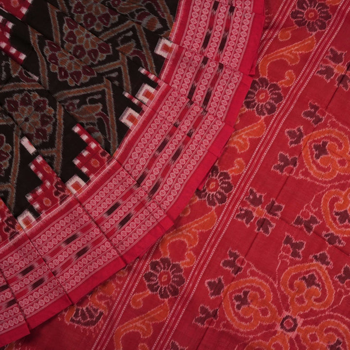 Full view of the red and multicolor Sambalpuri cotton saree displaying the entire Pasapalli layout