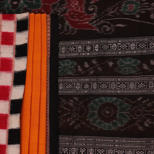 Full view of a yellow and black Sambalpuri cotton saree with butta pattern.