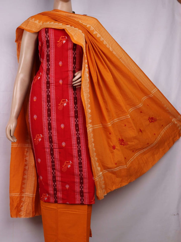 Close-up view of Red and Yellow Cotton Sambalpuri Dress Material blouse piece design with intricate motifs