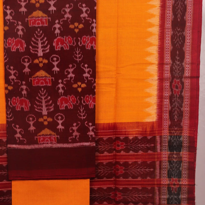Detail of Sambalpuri cotton dress material blouse piece, maroon and yellow motifs.