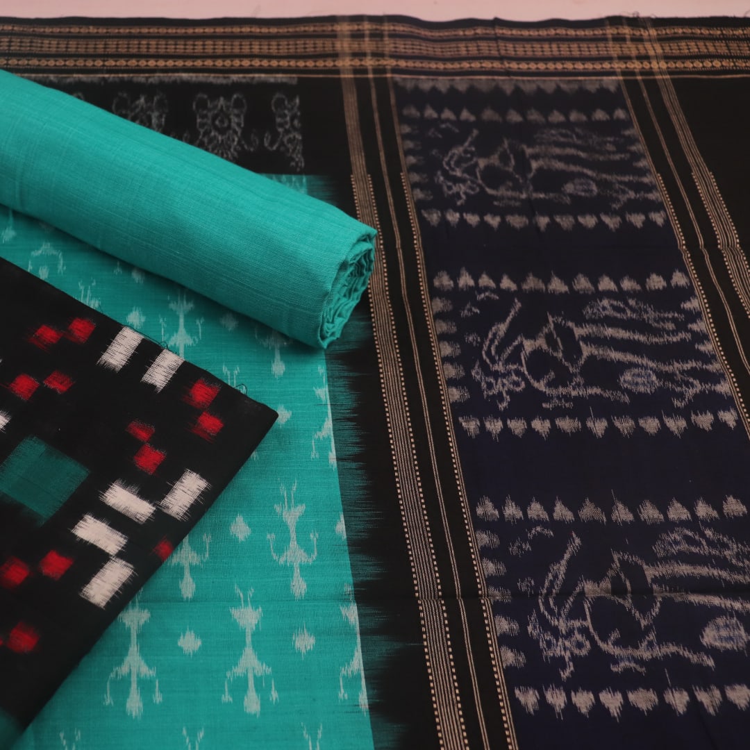 Detail of black cotton Sambalpuri dress material blouse piece with green Pasapalli pattern.