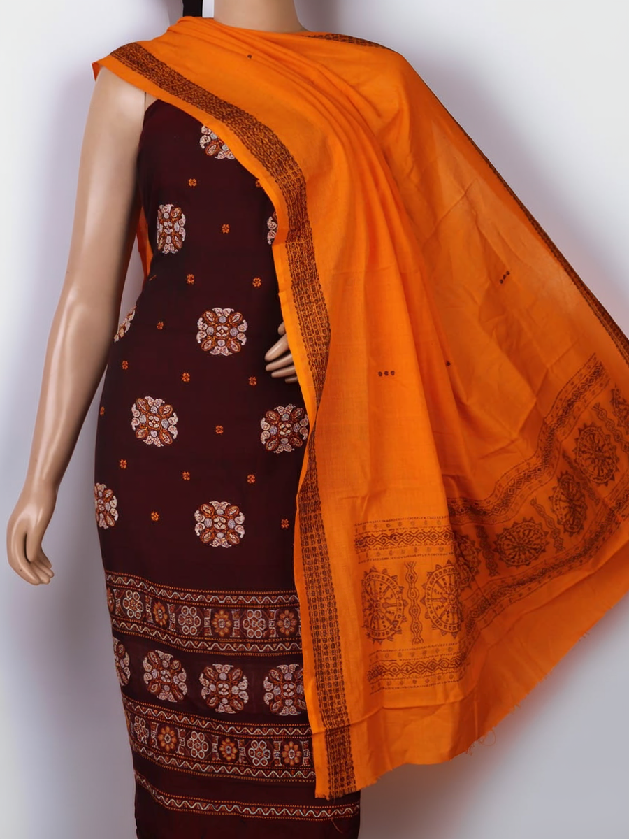 Coordinating maroon and yellow Bomkai cotton blouse piece with subtle border details.