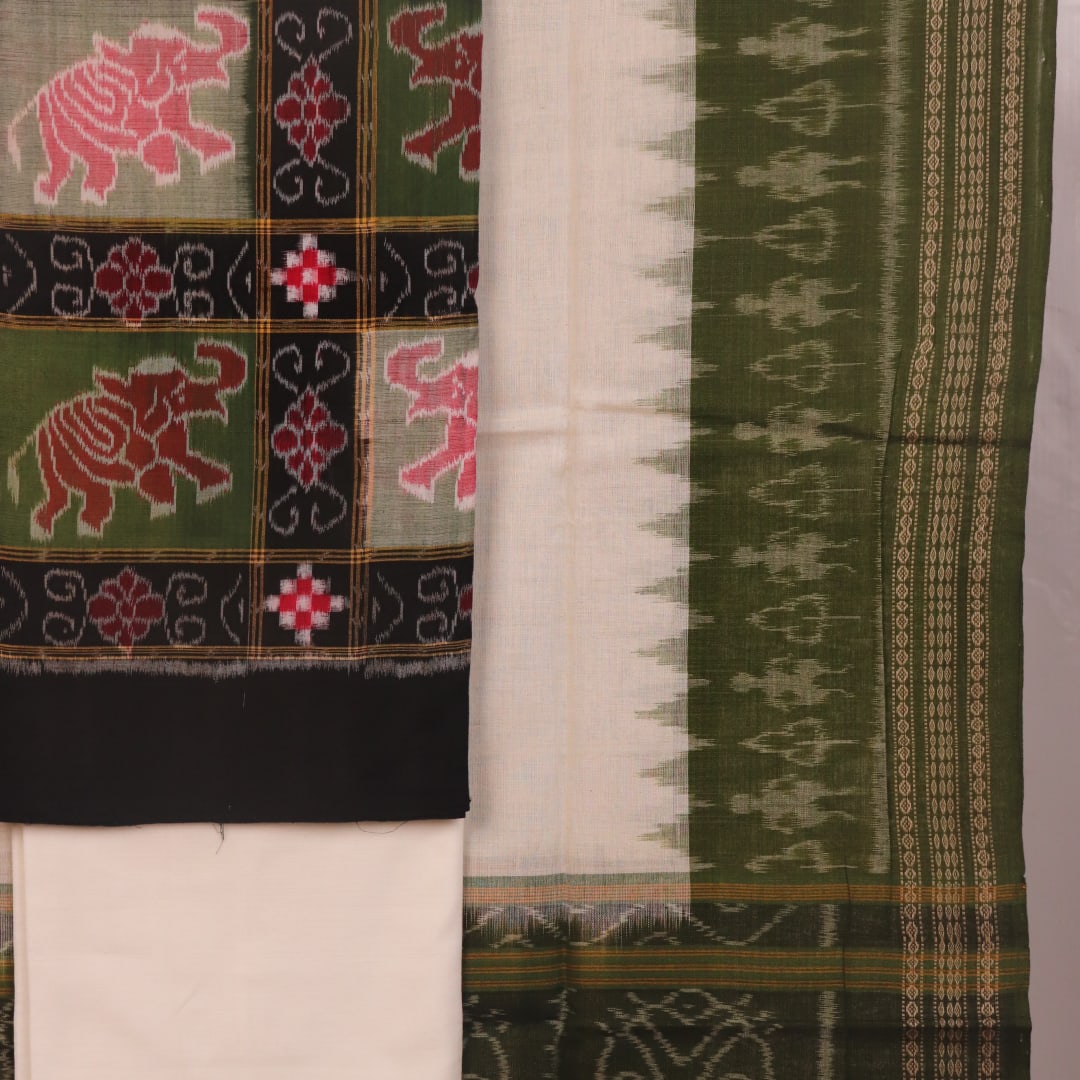 Detail of green and black Pasapalli Sambalpuri cotton dress material blouse piece.