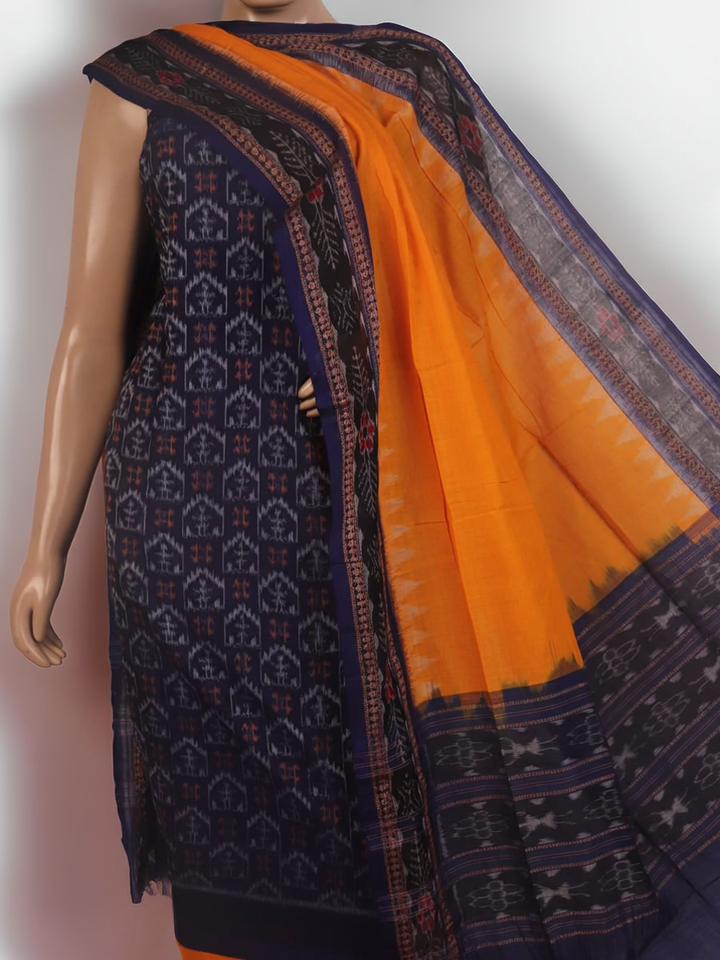 Blue and yellow Sambalpuri cotton dress material blouse piece with motifs.
