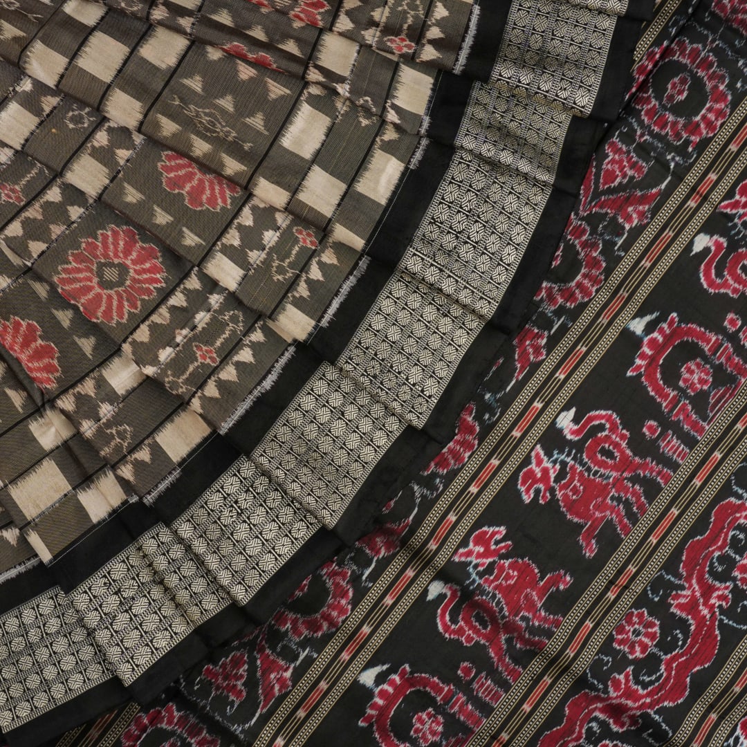 Handloom Grey Sambalpuri Silk Saree with Black border