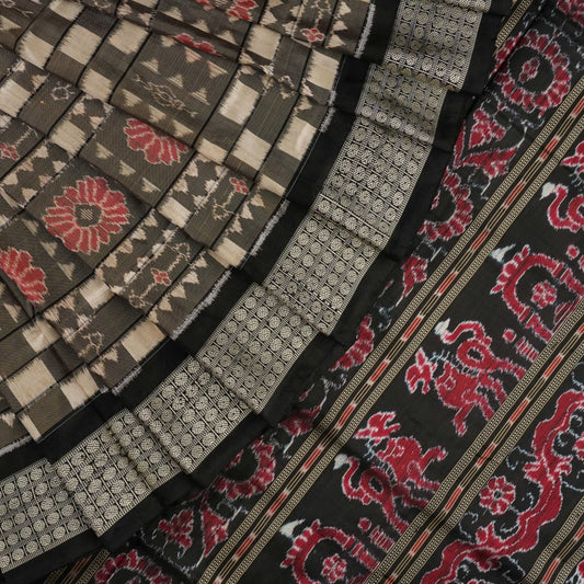 Handloom Grey Sambalpuri Silk Saree with Black border