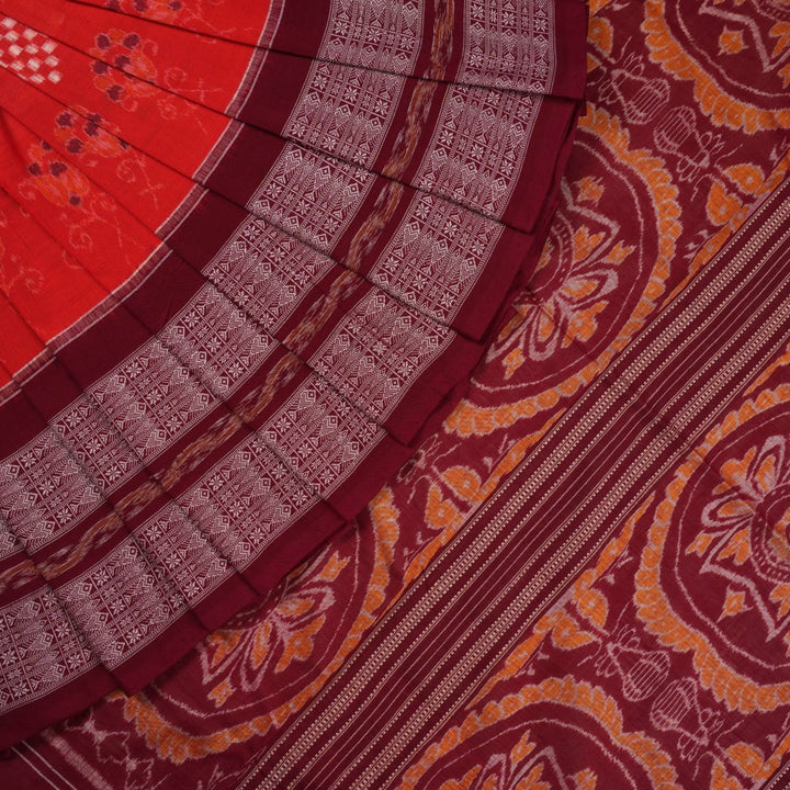 Full view of the orange and maroon Sambalpuri cotton saree showcasing the iconic Pasapalli checkerboard pattern.