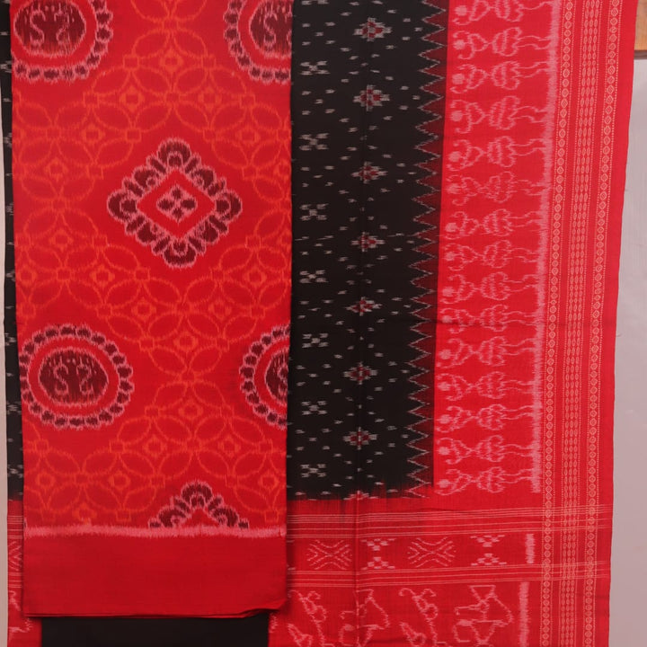 Blouse piece of red and black Sambalpuri cotton dress material with motifs.