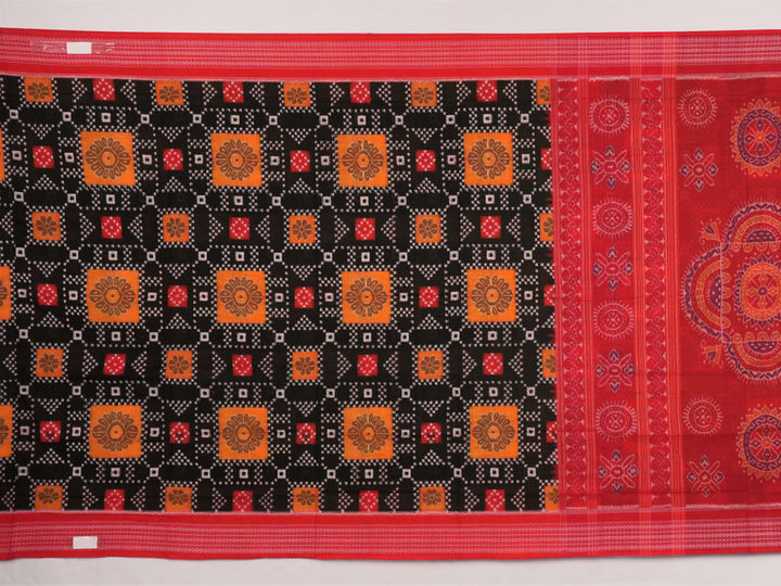 Model draped in a traditional black and red Pasapalli Sambalpuri cotton saree for an elegant ethnic look.
