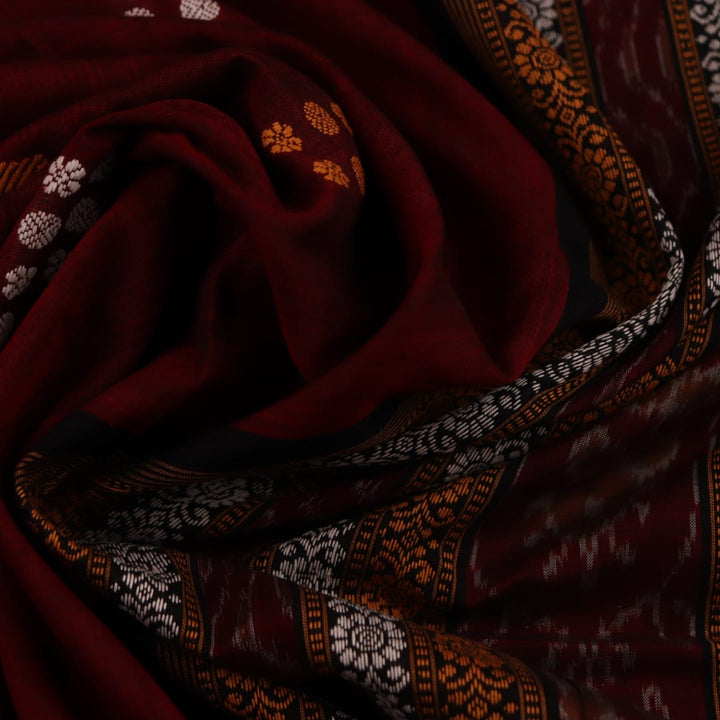 Full view of maroon cotton Bomkai saree with pink butta weave