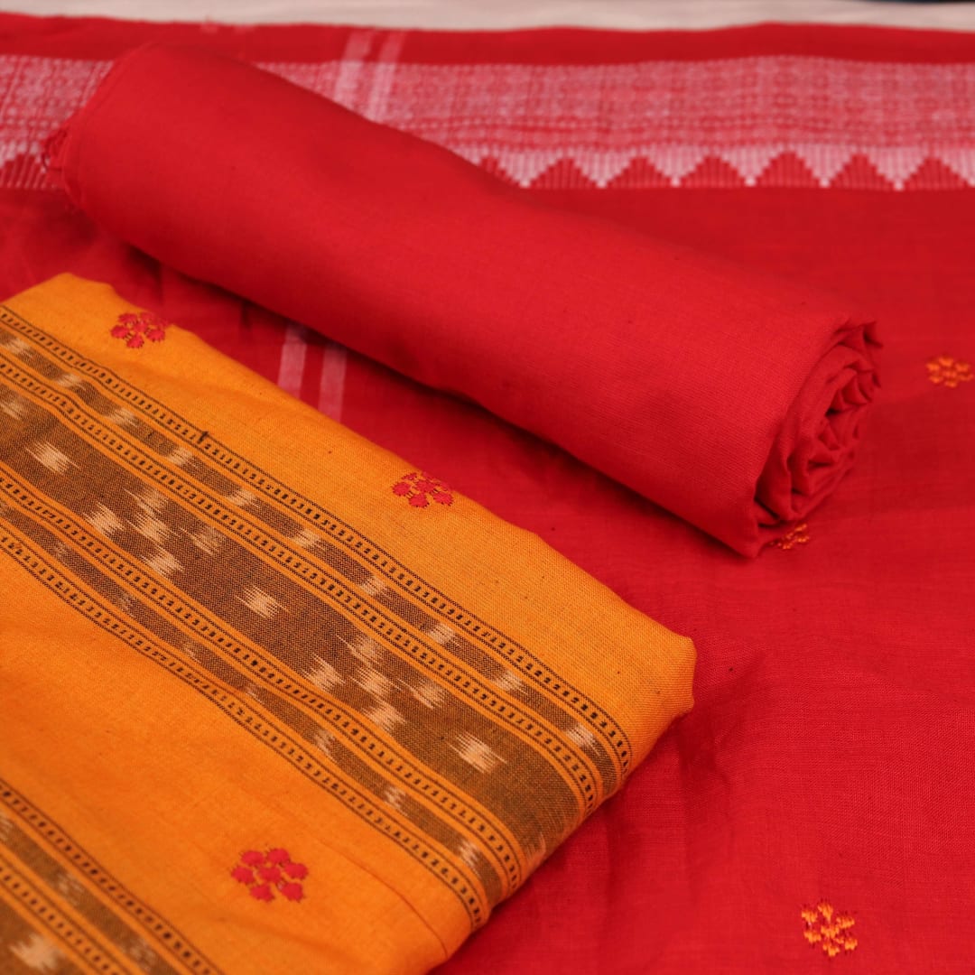 Yellow and red cotton Sambalpuri dress material with embroidered motifs on body