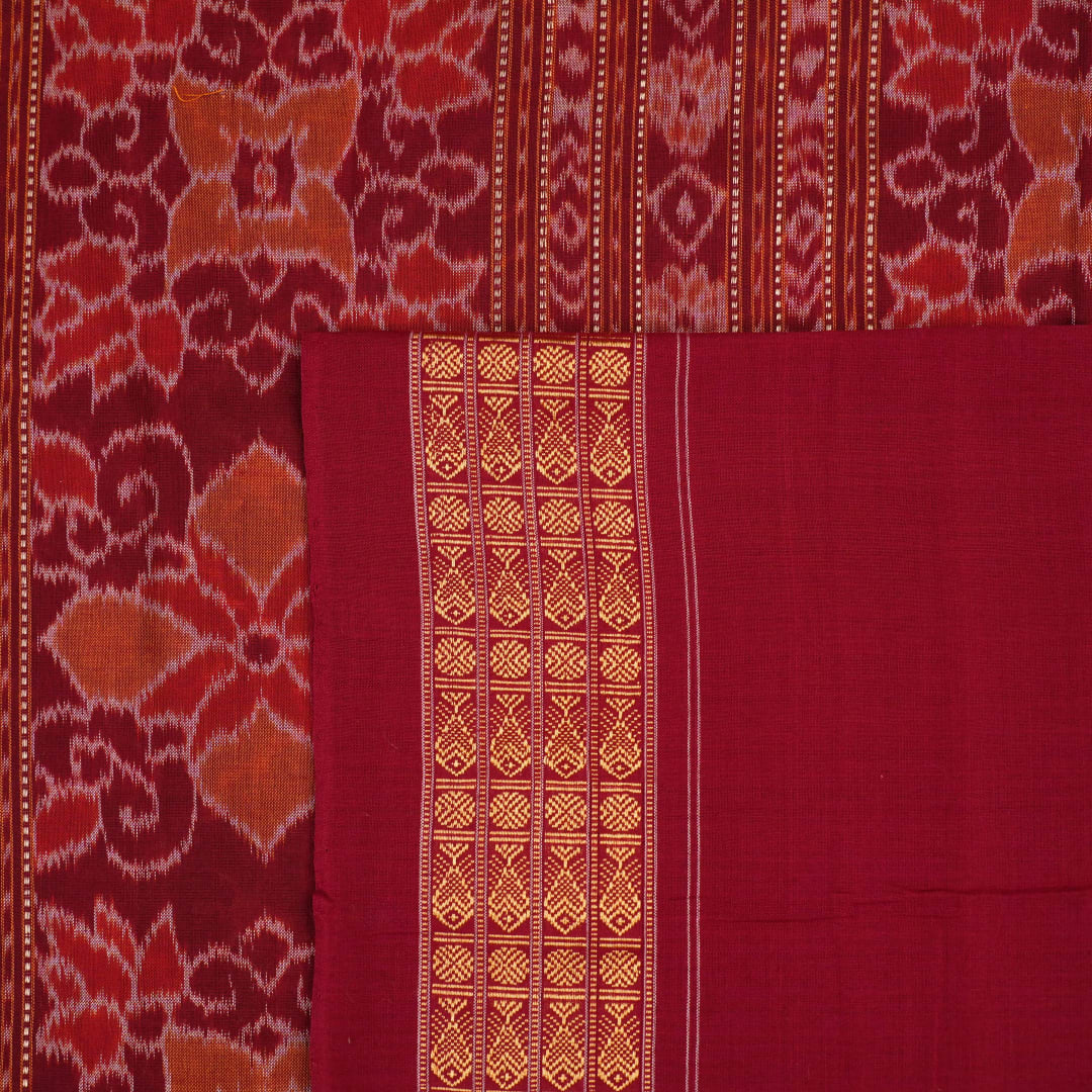 Complete flat layout of the brown and maroon Sambalpuri cotton saree showcasing all patterns and motifs.
