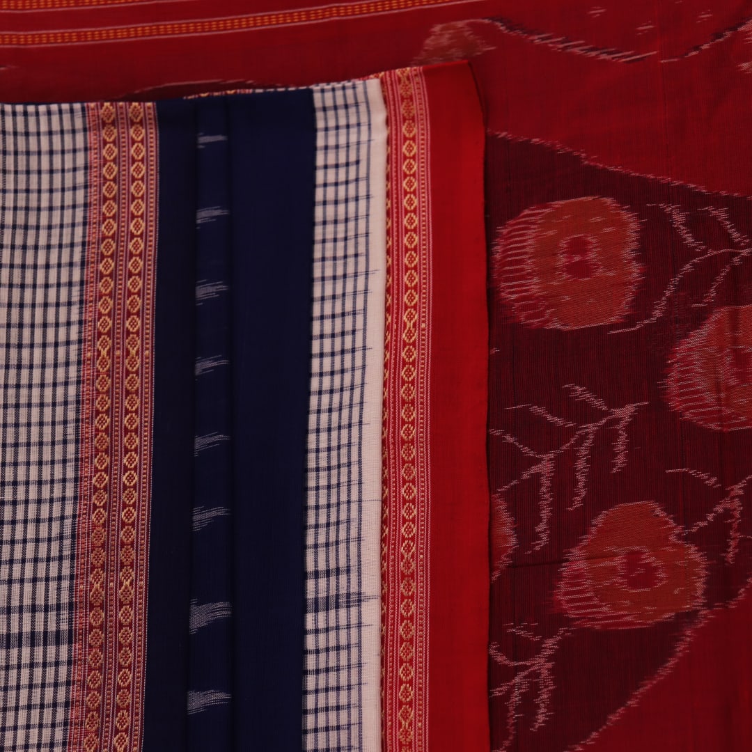 Blue cotton Bomkai saree with red butta pattern, full view