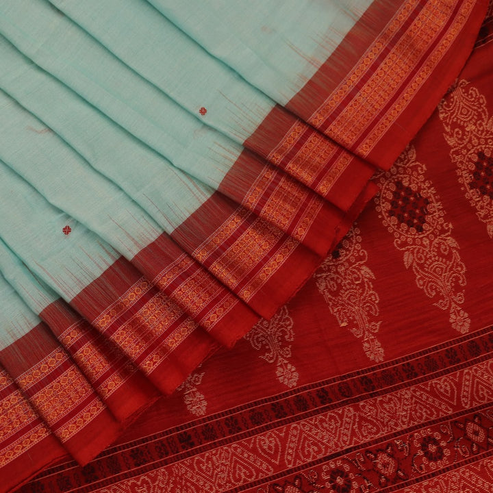 Full view of a handloom green and rust Bomkai cotton saree with butta pattern.