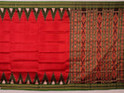Red and green Khandua silk saree draped, showcasing the overall look and fall.