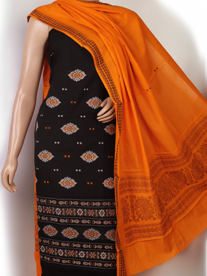 Coordinating blouse piece of the Bomkai Cotton Dress Material, featuring complementary design in black and yellow.