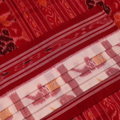 Full view of a white and red Sambalpuri cotton saree with traditional motifs.