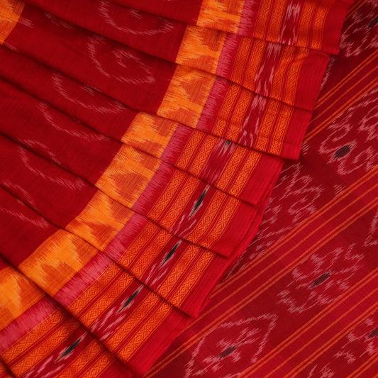 Styling view of yellow and red cotton Sambalpuri saree with motifs