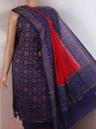 Detail of Sambalpuri blue and red cotton dress material blouse piece, featuring motifs.