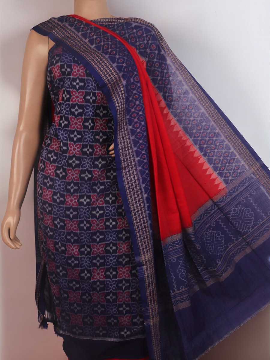Detail of Sambalpuri blue and red cotton dress material blouse piece, featuring motifs.