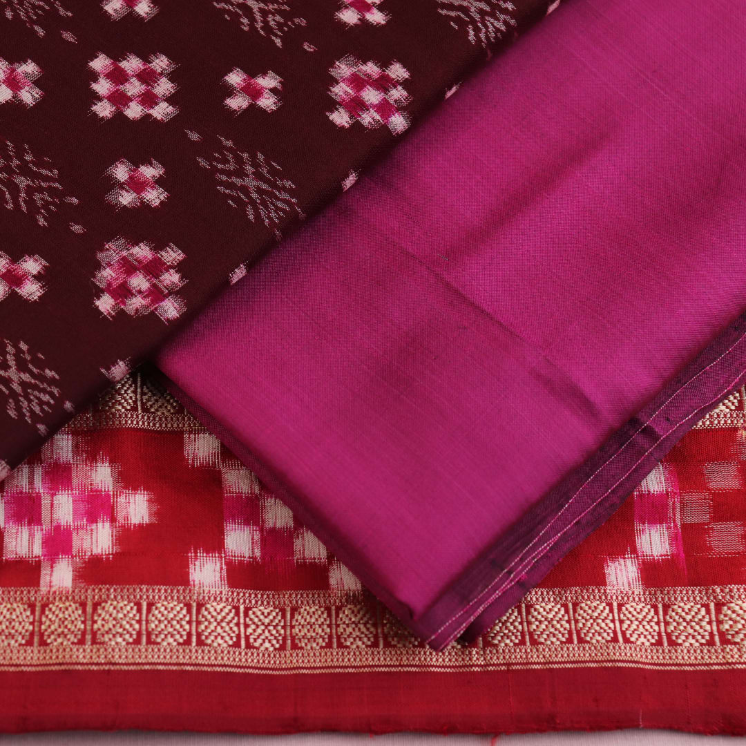 Detail of maroon and pink Sambalpuri Pasapalli silk dress material blouse piece.