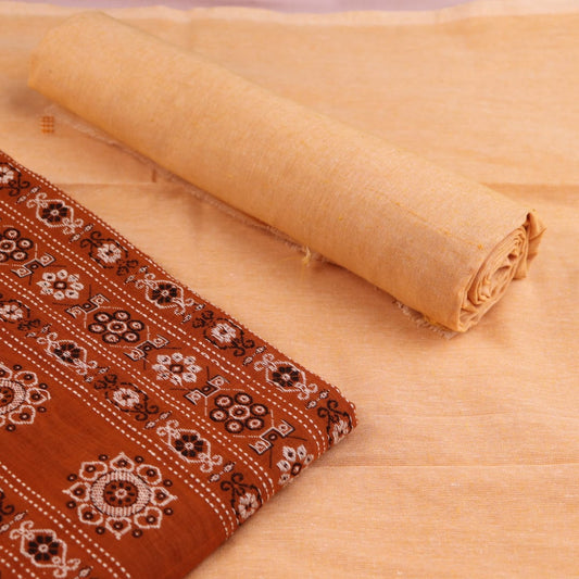 Matching blouse piece detail for the rust and cream Bomkai Cotton Dress Material, showcasing complementary weave.