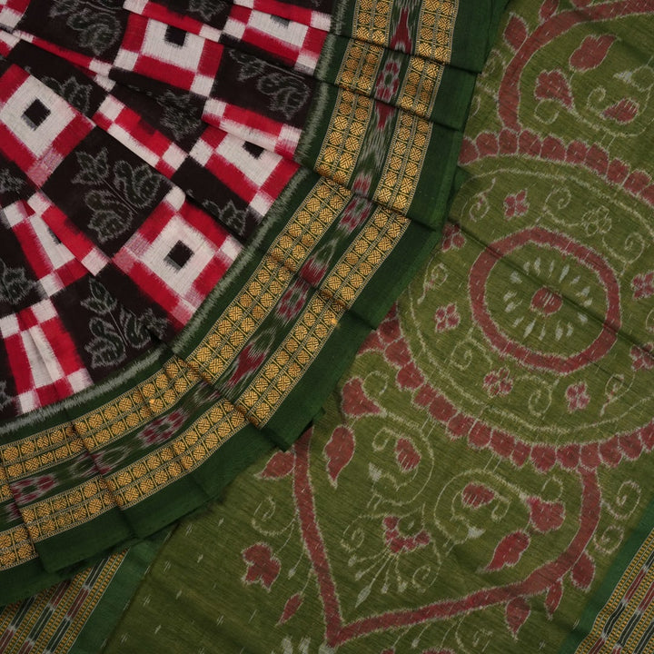 Full layout of a multi-color Sambalpuri cotton saree showcasing the green Pasapalli weave and borders.