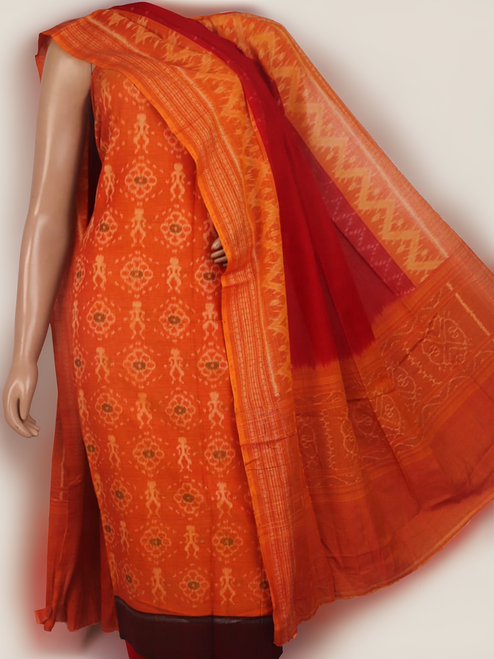 Detail of the rust and red Sambalpuri cotton dress material's blouse piece with motifs.