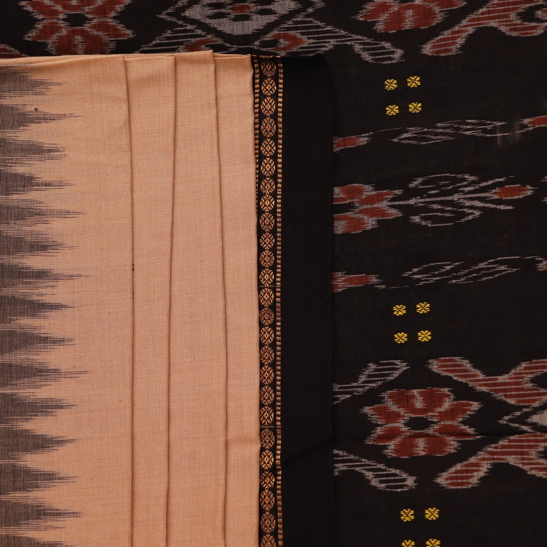 Cream Cotton Sambalpuri Saree with Black Butta Design, Draped Elegantly