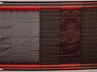 Full view of grey Bomkai cotton saree, featuring black border and butta pattern.