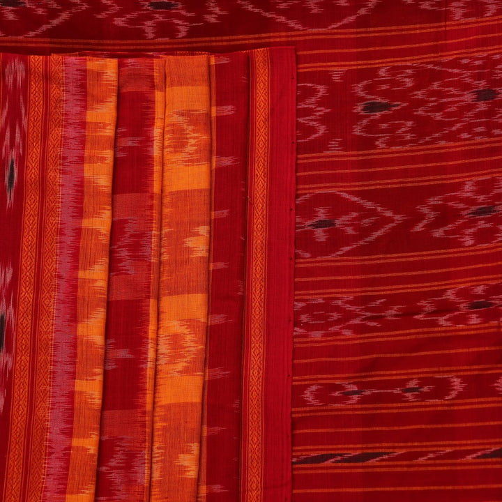 Styling view of yellow and red cotton Sambalpuri saree with motifs