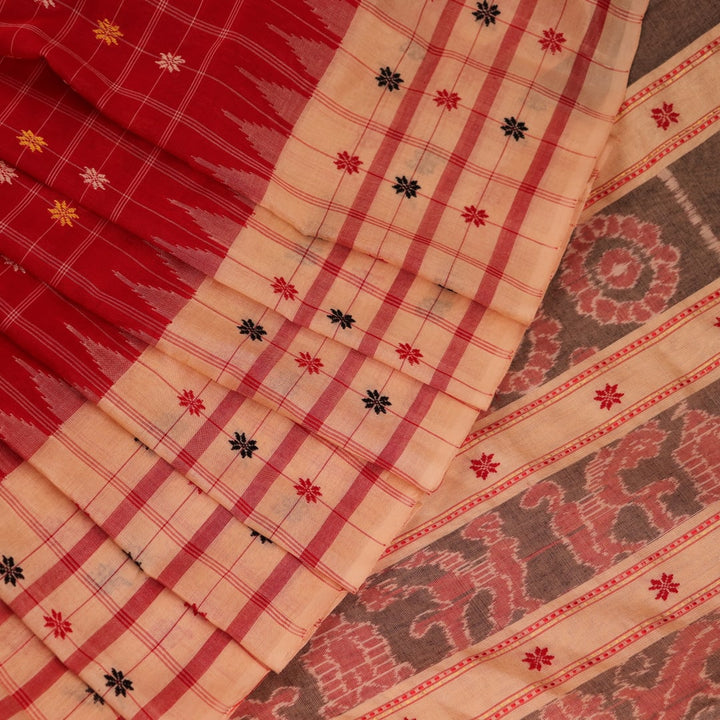 Full body view of a vibrant red cotton Sambalpuri saree featuring intricate butta patterns and a cream border.