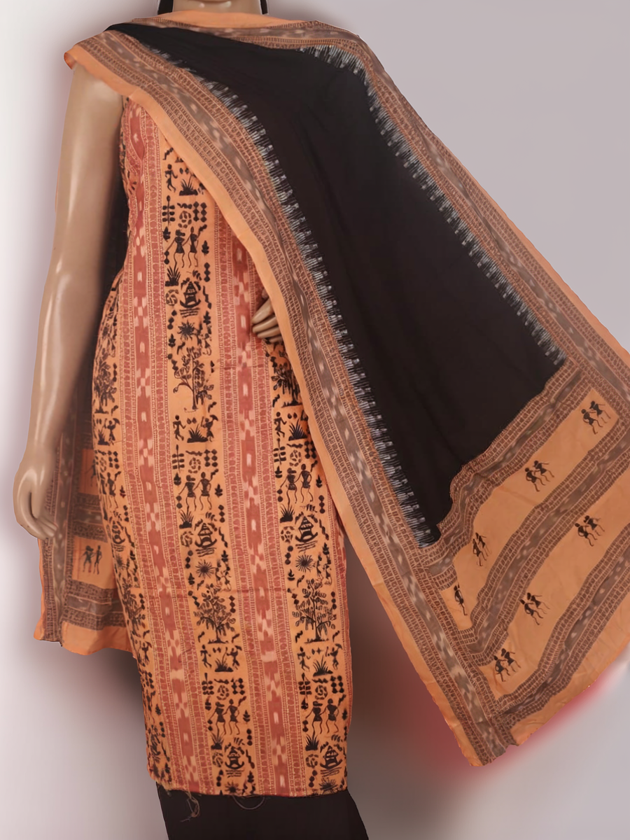 Detail of the Sambalpuri cotton dress material's blouse piece, featuring black and cream motifs.