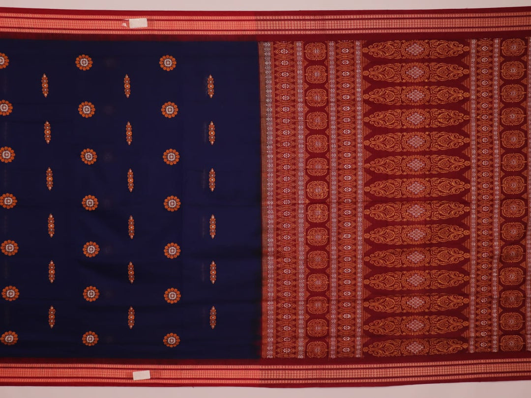 Full view of a blue and maroon Bomkai cotton saree with a butta pattern.