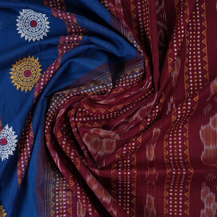 Full layout of the blue Bomkai cotton saree with red border and butta motifs, showcasing the entire design.