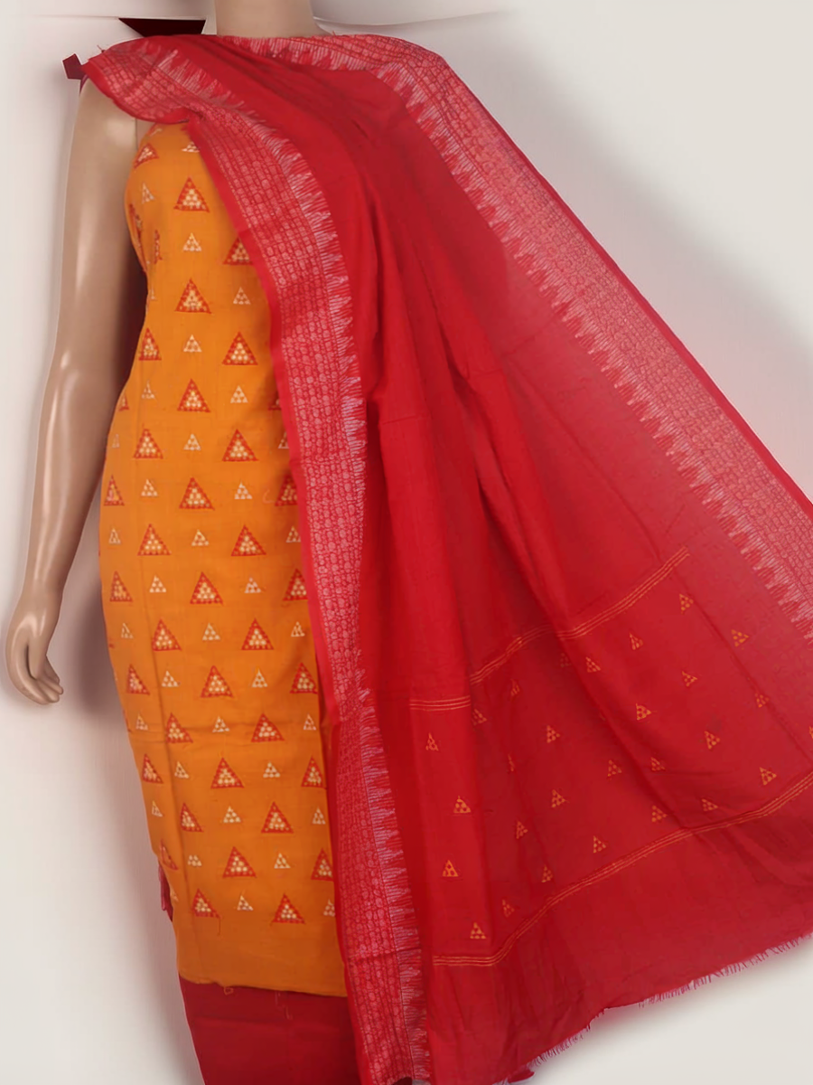 Close-up of the yellow and red Sambalpuri cotton dress material blouse piece with motifs.