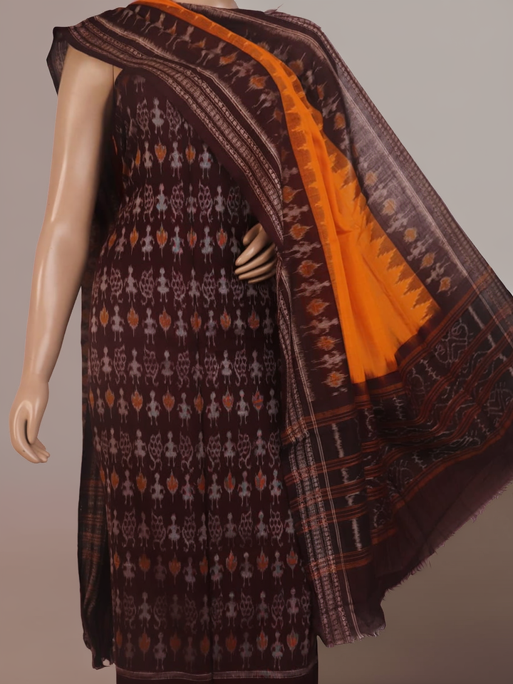 Detail of maroon and yellow Sambalpuri cotton dress material's blouse piece with motifs.