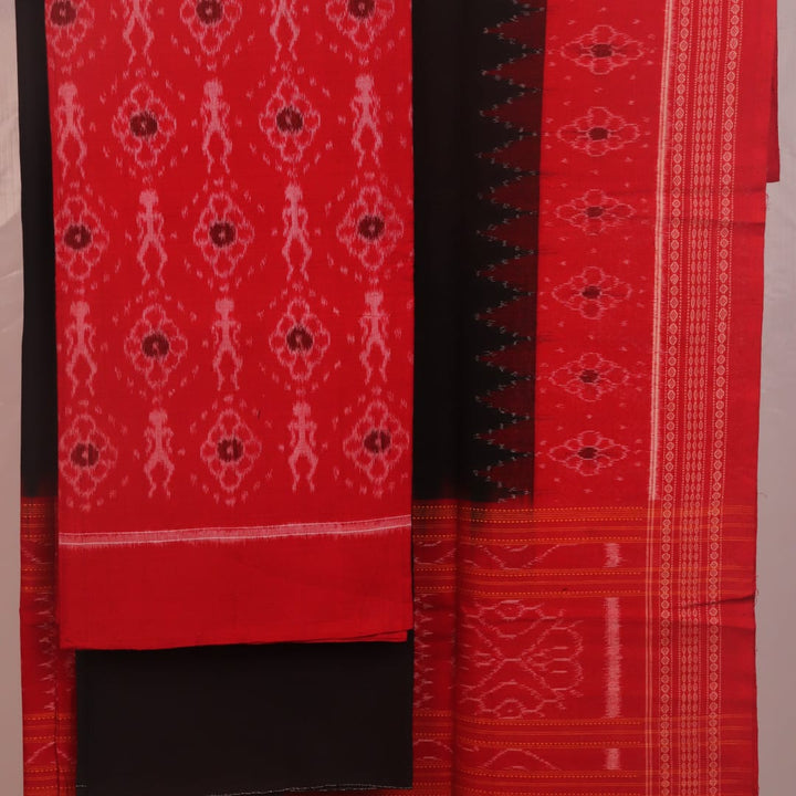 Detail of red and black motif Sambalpuri cotton dress material blouse piece.