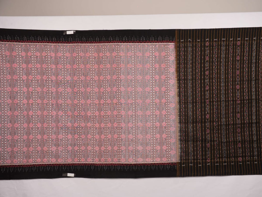 Full layout of the grey and black Sambalpuri cotton saree showcasing the complete weave and design.