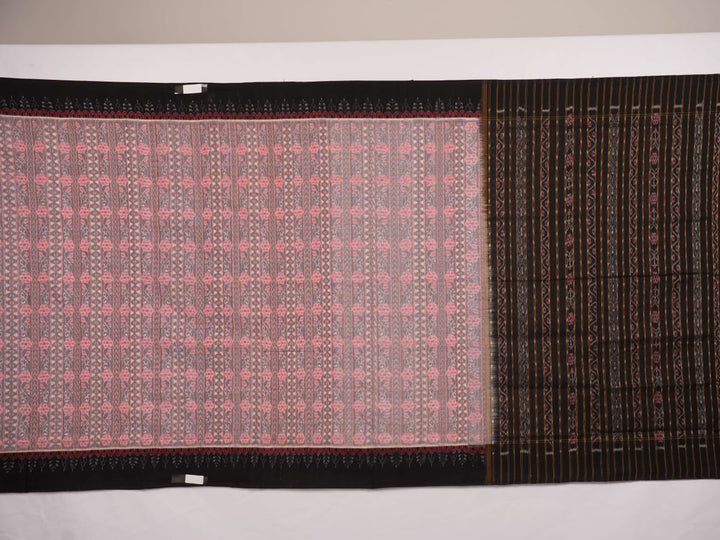 Full layout of the grey and black Sambalpuri cotton saree showcasing the complete weave and design.