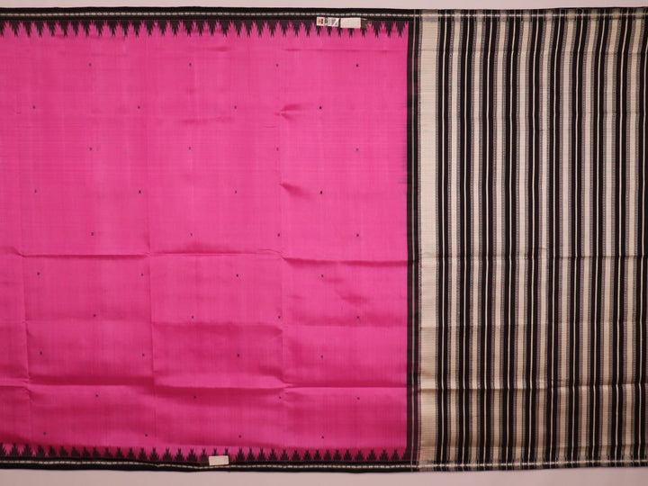 Close-up showcasing the intricate silk fabric texture of a pink and black Berhampuri silk saree with a butta pattern