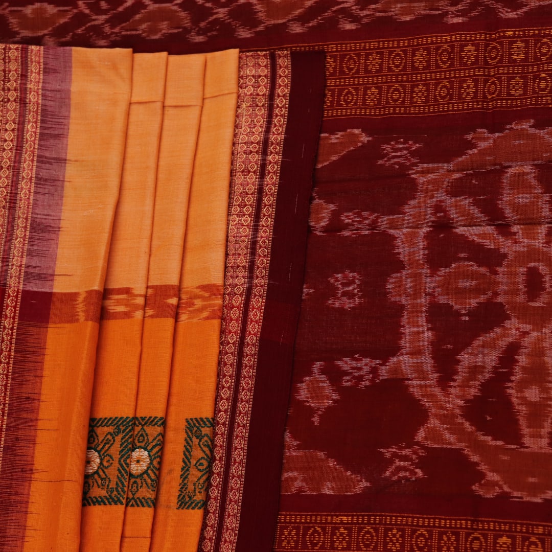 Full view of a yellow cotton Bomkai saree with maroon border and intricate butta pattern