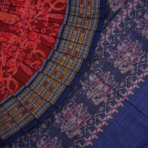 Maroon Sambalpuri Cotton Saree with Blue Border P72-17-06117
